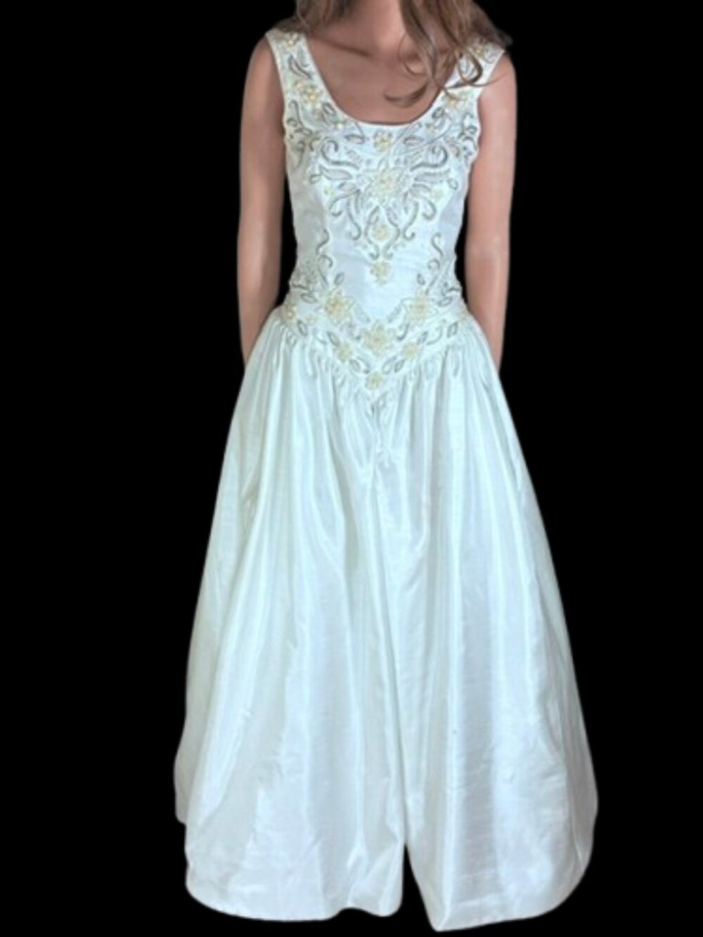 Mon Cheri Bridal Gown Silk Taffeta with layers of Net Tulle, Sequin, and Pearl